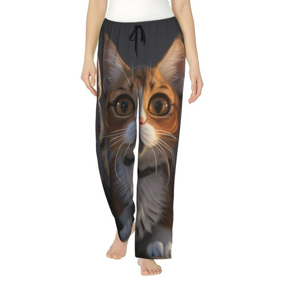 JUNZAN Wide Eyed Cartoon Cats Women's Pajama Pants Drawstring Comfy Sleep Bottoms with Pockets-Medium