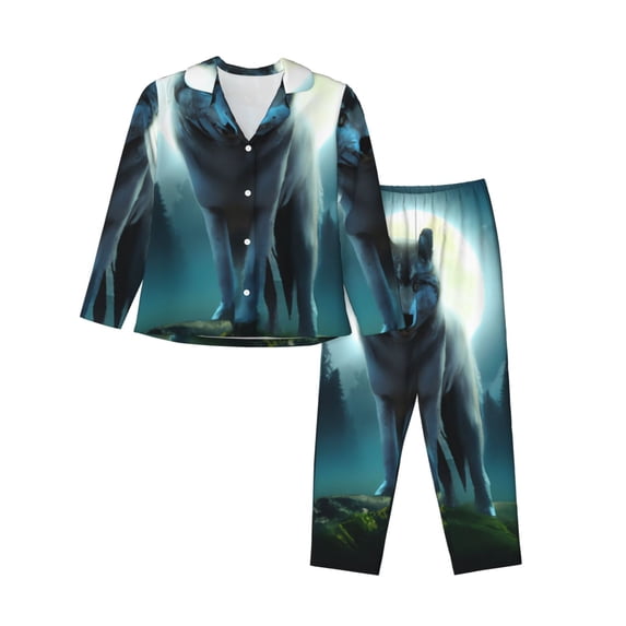 JUNZAN Wolf Print Womens Pajama Sets,Long Sleeve Button Down for Women Pjs 2 piece-Small
