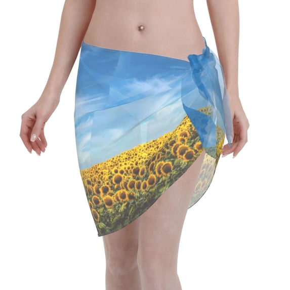 JUNZAN Women Chiffon Short Sarongs Cover Ups Beach Swimsuit Wrap Skirt,Blooming Sunflower Field