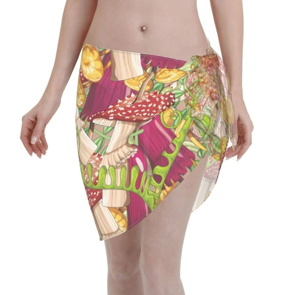 JUNZAN Women Chiffon Short Sarongs Cover Ups Beach Swimsuit Wrap Skirt,Bright Mushrooms