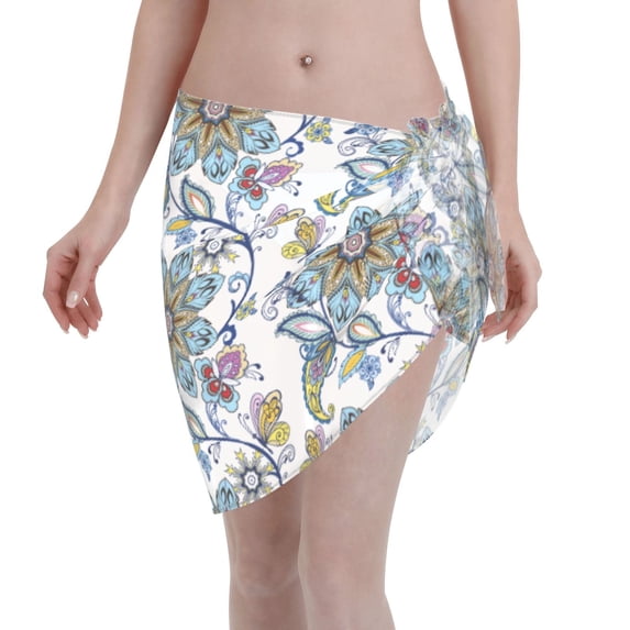 JUNZAN Women Chiffon Short Sarongs Cover Ups Beach Swimsuit Wrap Skirt,Flowers and Butterflies