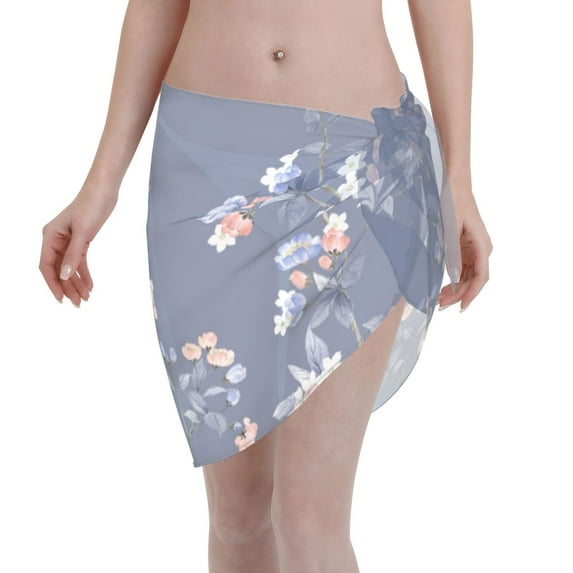 JUNZAN Women Chiffon Short Sarongs Cover Ups Beach Swimsuit Wrap Skirt,Watercolor Flowers Butterfly