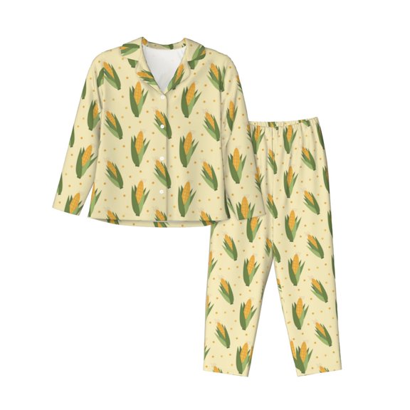 JUNZAN Yellow Corn Print Womens Pajama Sets,Long Sleeve Button Down for Women Pjs 2 piece