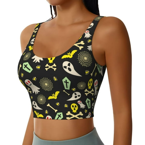JUNZAN cartoon Skull spider web Print Women's Workout Tank Tops - U Back Fitness Top with Built-In Shelf Bra, Perfect for Yoga and Gym-Small