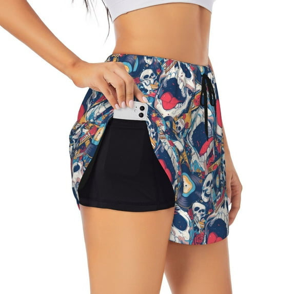 JUNZAN cool rock Skull Print Women's Athletic Gym Running Shorts with Phone Pockets - Workout Shorts-Small