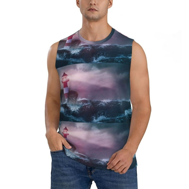 JUNZAN lighthouse Waves Torrential Rain Men's Sleeveless T Shirts ...