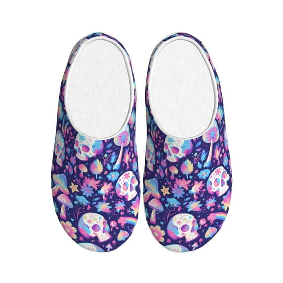 JUNZAN mushroom rainbow Skull cartoon Print Cozy Slippers for Men& Women,Fuzzy Slip-on Slippers TPR Sole Slippers Plush Lining House Shoes for Indoor & Outdoor-37/38