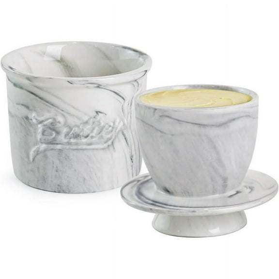 JUNZHIDAO Butter Crock for Counter with Water, French Butter Keeper for Spreadable Butter Marble Ceramic Butter Dish with Lid for Countertop, Butter Container Holder