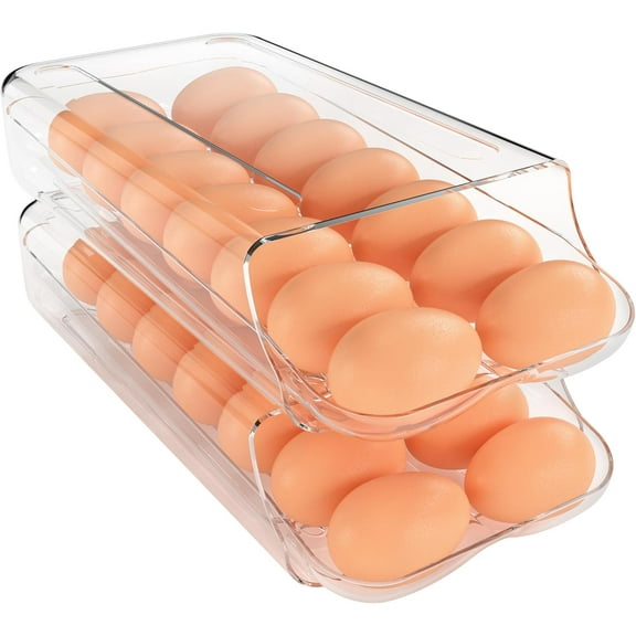 JUNZHIDAO Egg Holder for Fridge, Automatic Rolling Egg Container for Refrigerator, Clear Plastic Egg Dispenser, Stackable Eggs Organizer Quick Removable inner Tray For Organizers and Storage, 2Pack