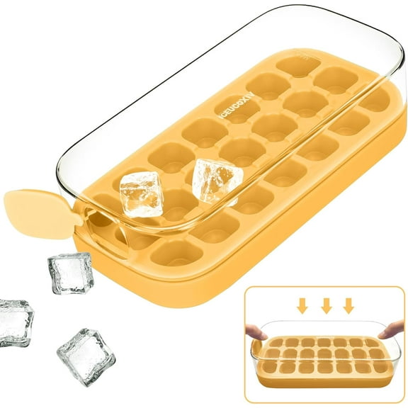 JUNZHIDAO Kitchen Newest Ice Cube Tray with Lid and Bin 21 Pcs Quick-Fill Ice Cube Mold for Freezer Easy Press to Release Green No-Touch Ice Tray(Yellow)