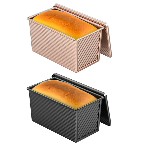 JUNZHIDAO Kitchen Non-Stick Pullman Loaf Pans with Lid - 1Lb & 1/2 Lb Dough Capacity, Carbon Steel, Black Golden