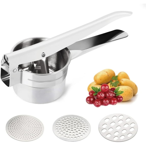 JUNZHIDAO Potato Ricer Stainless Steel Potato Masher, Food Ricer, Fruit and Vegetables Press with 3 Removable and Interchangeable Discs, Manual Masher Ricer Kitchen Tool for Mashed Potatoes