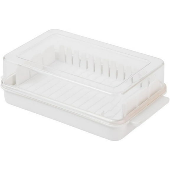 JUNZHIDAO Rectangular Butter Dish with Lid, Cheese Slice Storage Container Storage Box, with Knife Fork Side Compartment(White)