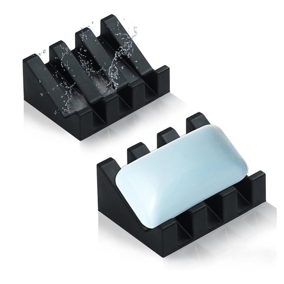 JUNZHIDAO Silicone Soap Dish for Bar Soap Holder for Shower Bathroom Self Draining Waterfall Drying Tray Keep Soap Bars Dry Clean & Easy Cleaning (Black, 2)