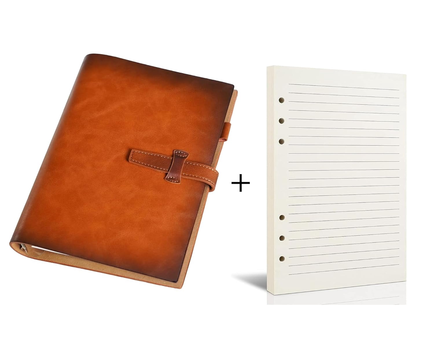 JUOJUOMHQ Refillable A5 Leather Binder Notebook, Reusable Journal 6-Ring with 160 Lined Paper+An extra pack of 160 Refill Lined Pages for Writers Business Work Study College and Daily, Light Brown