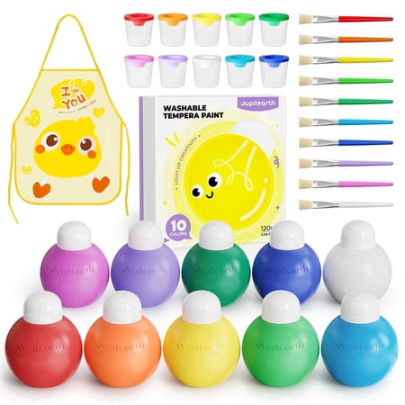 JUPITEARTH 10 Colors Washable Tempera Paint Set, 4.06oz(120ml) Non Toxic Finger Paints Included Brush, Cups, Art Smock