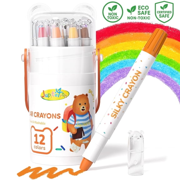 Jupitearth 12Ct Non-Toxic Washable,Silky Crayons for toddlers1-3,Kids 4-8,Back to School Art Supplies