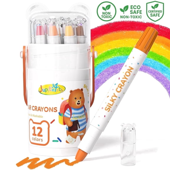 Jupitearth 12Ct Non-Toxic Washable,Silky Crayons for toddlers1-3,Kids 4-8,Back to School Art Supplies