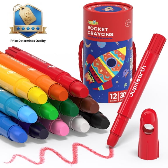 Jupitearth 12 Ct Twist Crayons,Non-Toxic Washable Crayons with Storage Bucket, Ultra-Silky and Easy to Hold Art Supplies