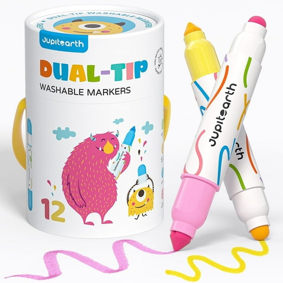 Jupitearth 12Ct Vibrant Washable Dual Tip Markers with Portable Case,Broad & Round Tip,Easy-Grip Design for Little Hands,Art Supplies