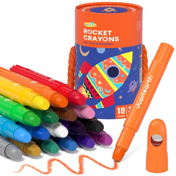 Jupitearth 18 Ct Twist Crayons,Non-Toxic Washable Crayons with Storage Bucket, Ultra-Silky and Easy to Hold Art Supplies