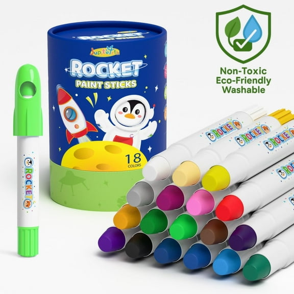 Jupitearth 18 Ct Rocket Quick Drying, Non-Toxic and Washable Tempera Paint Sticks with 120 PDF Coloring Pages for Kids and Students,school supplies