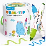 Jupitearth 24Ct Vibrant Washable Dual Tip Markers with Portable Case,Broad & Round Tip,Easy-Grip Design for Little Hands,Art Supplies