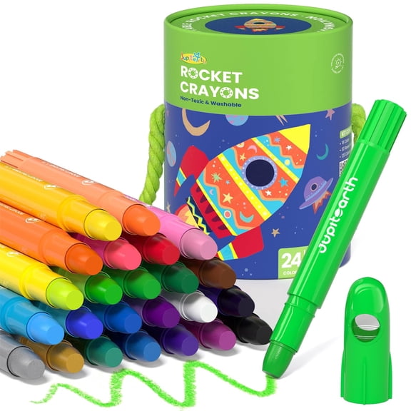 JUPITEARTH 24Ct Twist&Non-Toxic Crayons for Toddlers 1-3,4-8, Storage Bucket Ultra-Silky and Easy to Hold Art Supplies,Ideal Gift for Boys and Girls