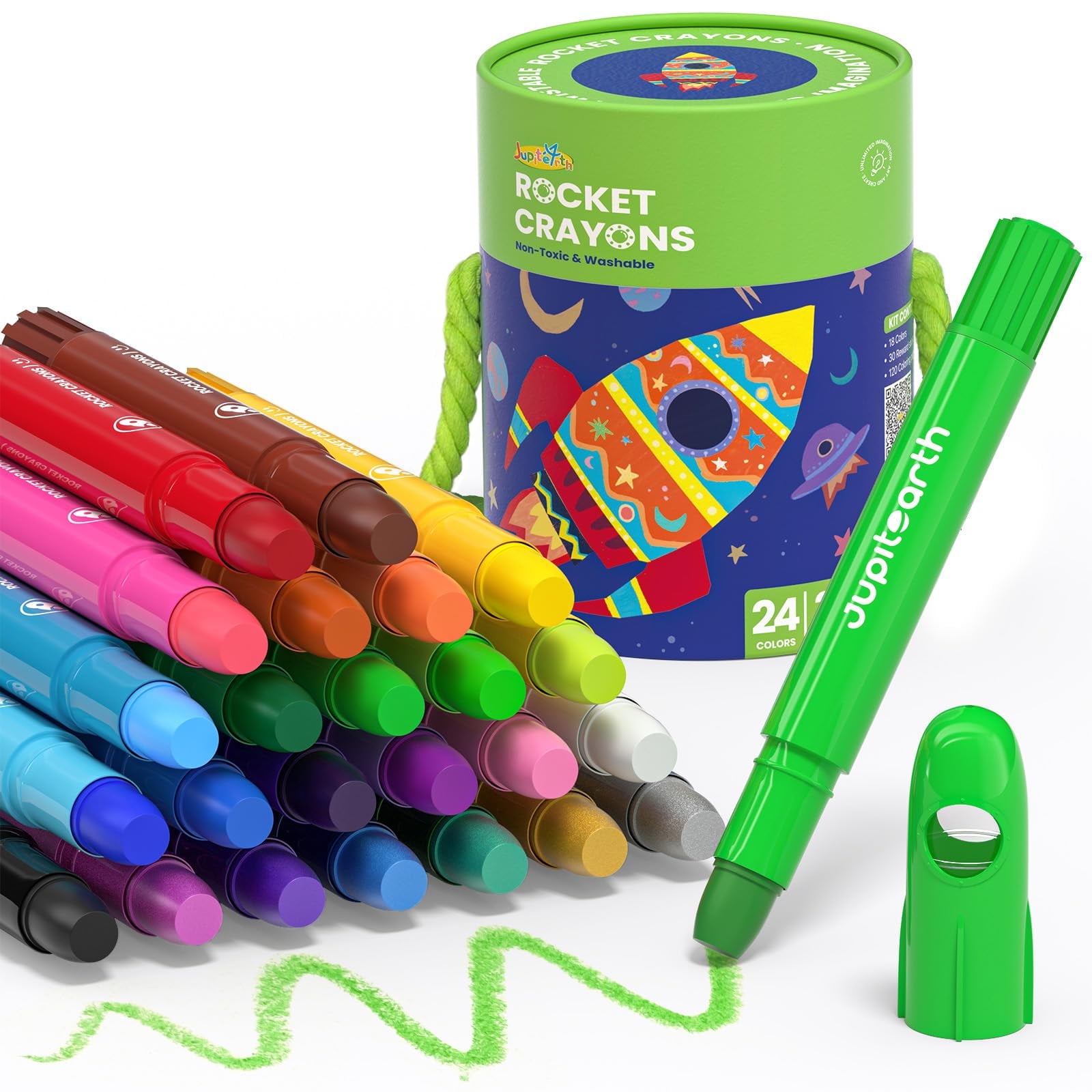Jupitearth 24 Ct Twist Crayons,Non-Toxic Washable Crayons with Storage Bucket, Ultra-Silky and Easy to Hold Art Supplies