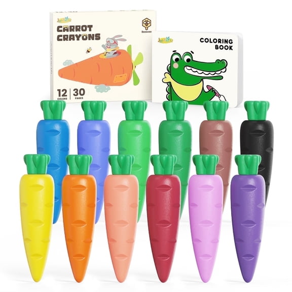 JUPITEARTH Clearance 12Ct Carrot Crayons for Toddlers,Non Toxic Beeswax Crayons with 30-Page Coloring Book&Stickers&120 PDF Pages,Back to School Supplies,Ideal Gift