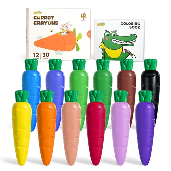 JUPITEARTH Clearance 12Ct Carrot Crayons for Toddlers,Non Toxic Beeswax Crayons with 30-Page Coloring Book&Stickers&120 PDF Pages,Back to School Supplies,Ideal Gift