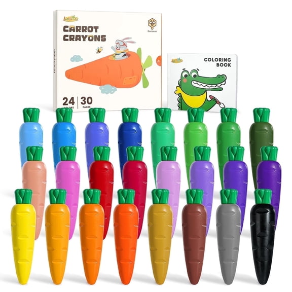 JUPITEARTH Clearance 24Ct Carrot Crayons for Toddlers,Non Toxic Beeswax Crayons with 30-Page Coloring Book&Stickers&120 PDF Pages,Back to School Supplies,Ideal Gift