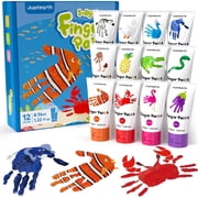 Jupitearth 28 PCS Finger Paint,Washable&Non-Toxic 12 Vibrant Colors Paint,Palette,Apron,Brush,Eye Stickers,Paints for Hand and Feet,Art Supplies