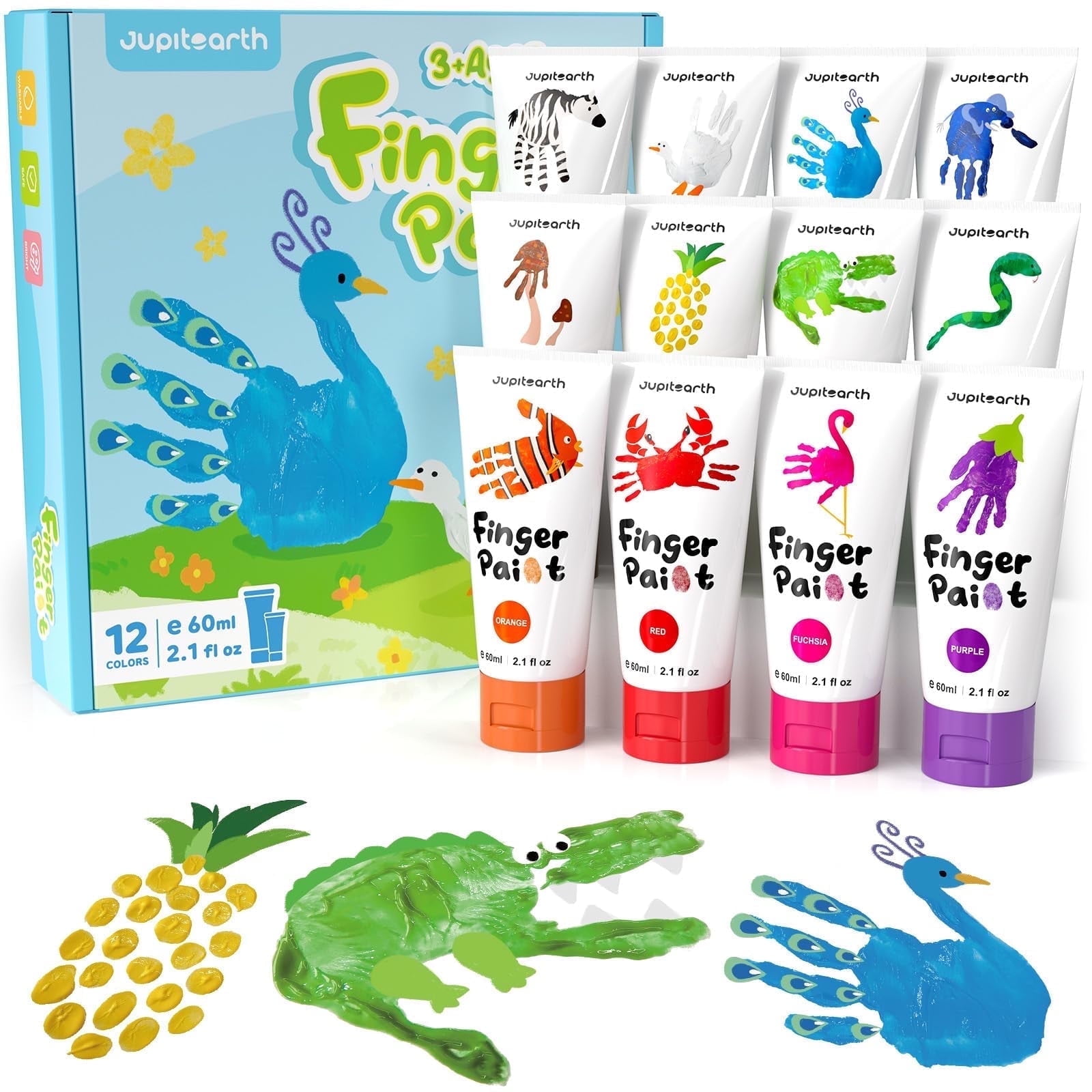 Jupitearth 28 PCS 60ml Finger and Washable Paint,Non-Toxic 12Vibrant Colors,Palette,Apron,Brush,Eye Stickers,Paints for Hand and Feet,Art Supplies