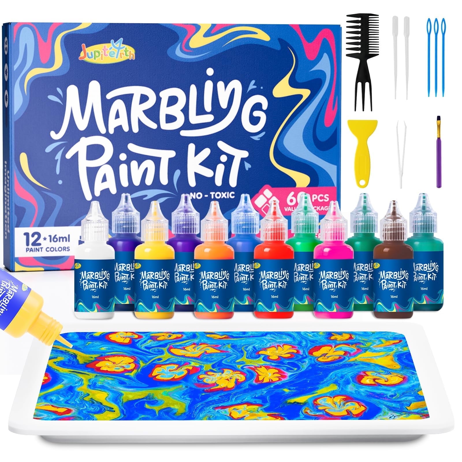 JUPITEARTH 12Ct(16ml)Water Marbling Paint Kit, Arts and Crafts,Art Supplies Marbling Paint for DIY Crafts, Christmas and Birthday Gifts
