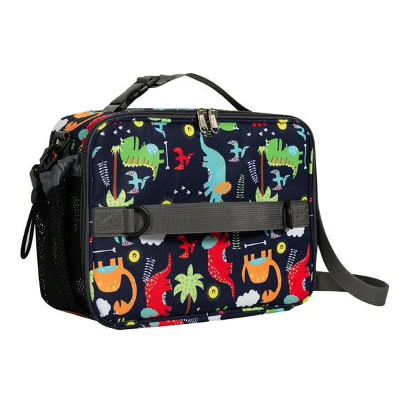 JUPSK Insulated Lunch Bag, Polyester Reusable Cooler Bag with Zipper Pockets, Bottle Holder, Padded Handles and Shoulder Strap, Dinosaur Theme