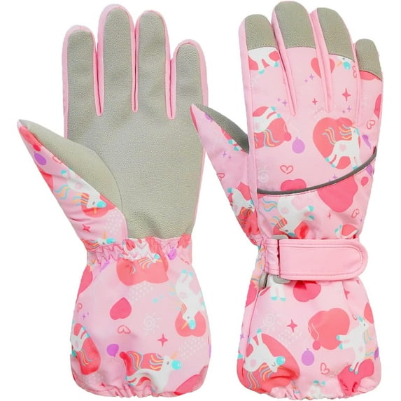 JUPSK Kids Winter Ski Gloves Waterproof Anti Slip Plush Thermal Snowboard Unicorn Pink Gloves Mittens for Children Girls and Boys Age 8-10