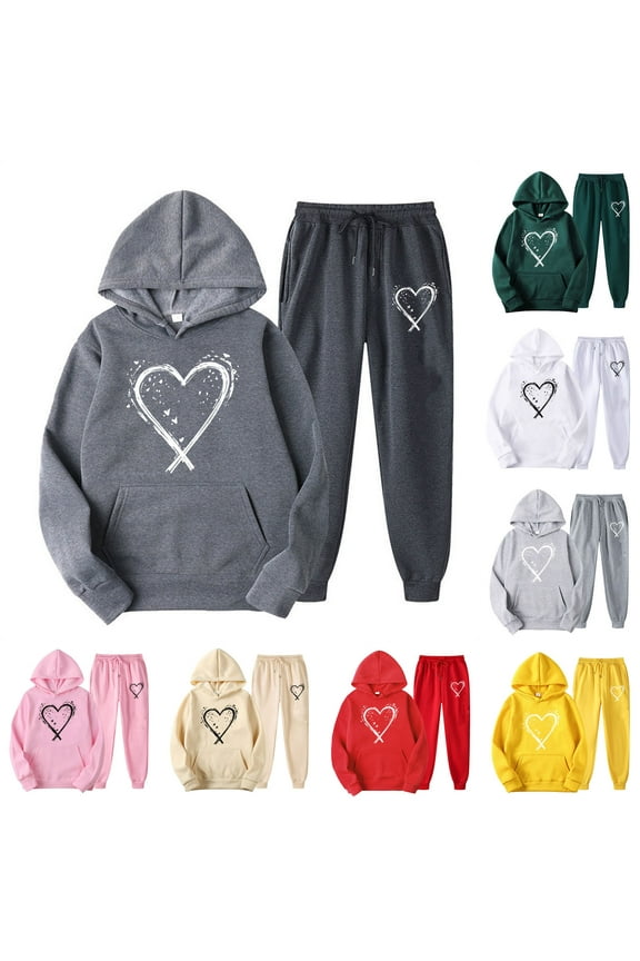 2024 Fall Fashion Outfits for Women, Heart Graphic Hoodie Sweatsuits 2 Piece Sets Cute Teen Girls Lightweight Hooded Sweatshirt and Jogging Sweatpants Suit Beige XL