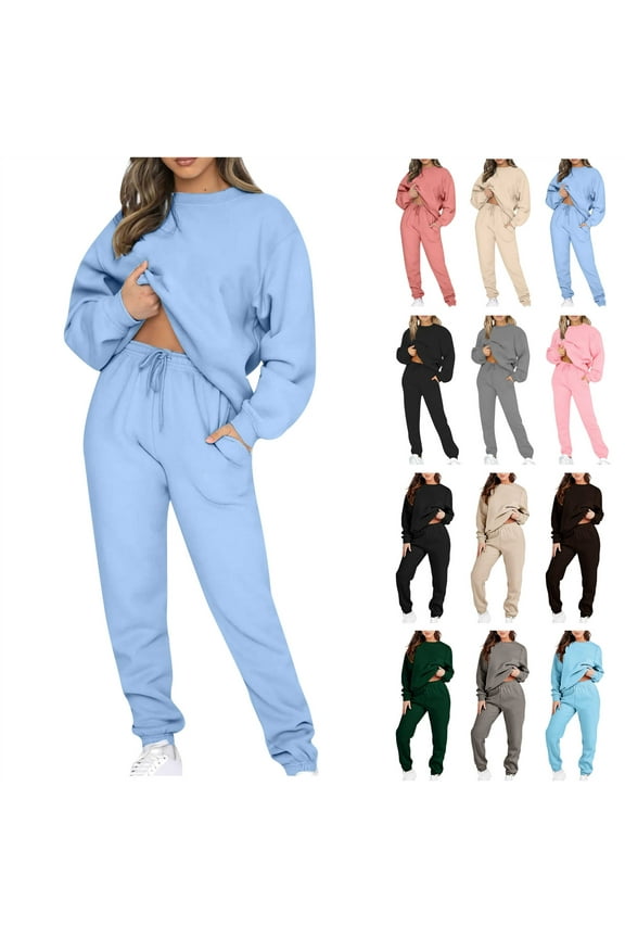 2 Piece Sweatsuit Sets for Women Joggers Sweatpants Pullover Sweatshirt Track Suits Solid Color Casual Loungewear with Pockets Blue L Lightning Sales