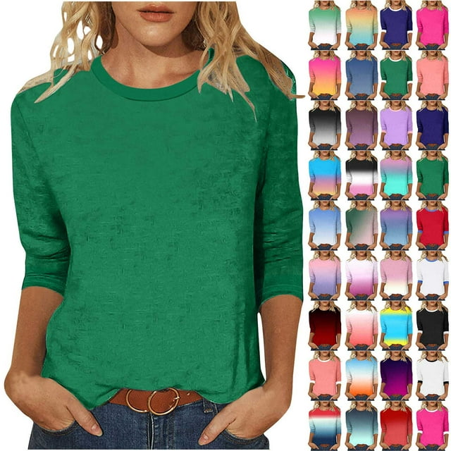 JURANMO 3/4 Length Sleeve Womens Tops Casual Summer Spring Vacation Trendy T Shirts Crewneck Color Block Three Quarter Tunic Blouse Limited Time Sales of The Day Blue M