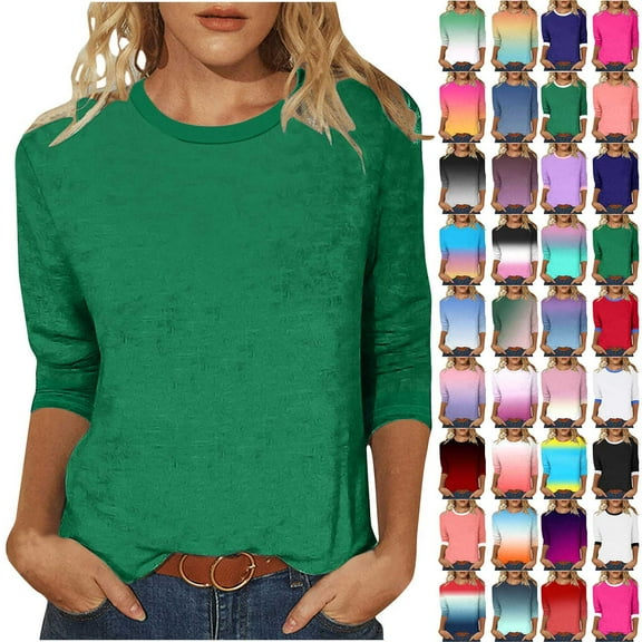 JURANMO 3/4 Length Sleeve Womens Tops Casual Summer Spring Vacation Trendy T Shirts Crewneck Color Block Three Quarter Tunic Blouse Weekly Sale Red M