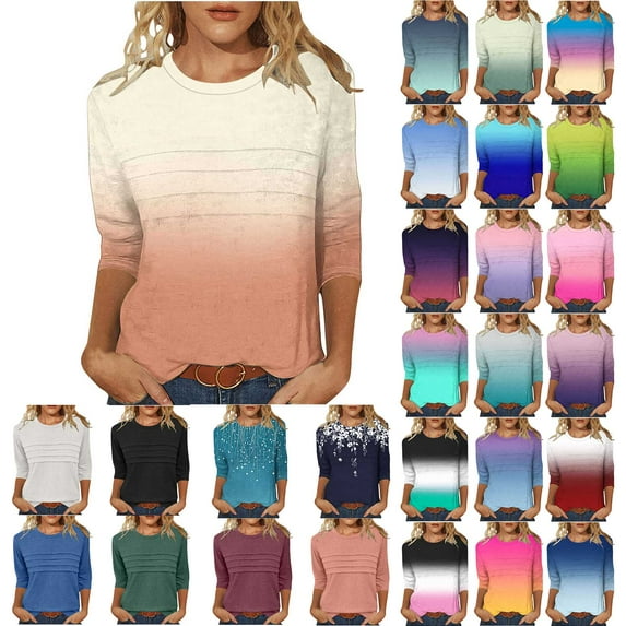 JURANMO 3/4 Length Sleeve Womens Tops Summer Round Neck Tunic Tops Dressy Casual Pleated Shirts Fashion Gradient Print Blouse Sales of The Day Clearance Prime Yellow L
