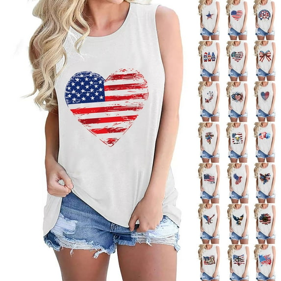 JURANMO 4th of July Outfits for Women American Flag Graphic Tees Summer Casual Crewneck Sleeveless Tank Tops Beach Vacation Clothes Multicolor XXL Sales for Today