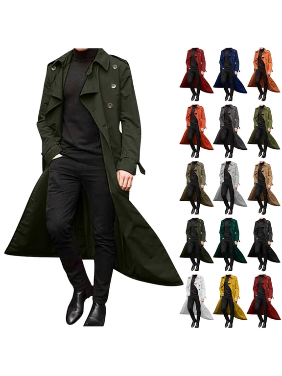 90% off Clearance Sale Trench Coat for Men Full Length Double Breasted Lapel Long Coats Casual Slim Fit Fall Winter Classic Business Overcoat Gray XL