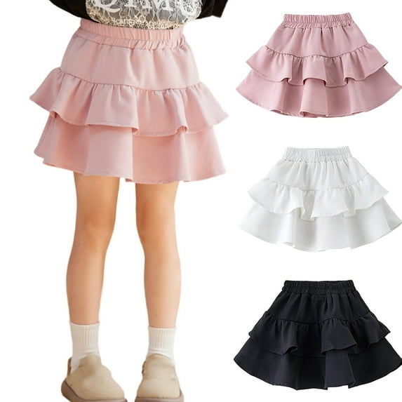 JURANMO A Line Short Skirts for Girls Ruffle Tiered Elastic High Waist Cute Mini Skirts Flowy Fashion Summer Skirt Black 160