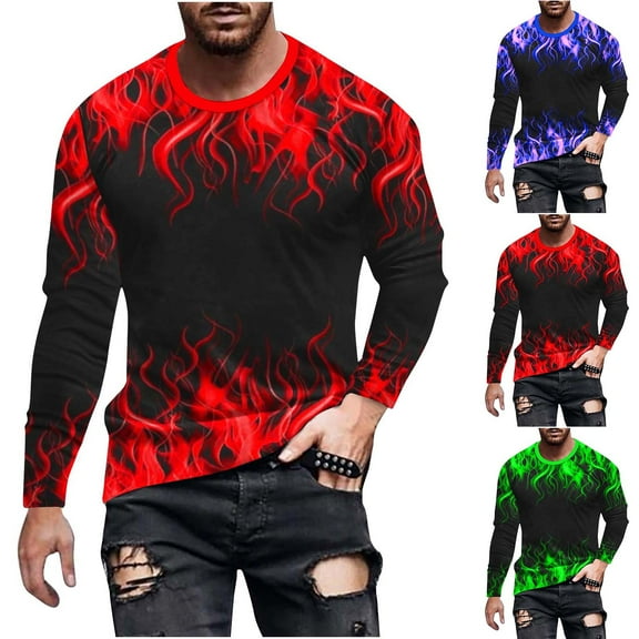 JURANMO Big and Tall Fashion Graphic Tees for Men Long Sleeve Tops Flame Print Crewneck Pullover T-shirt Green L