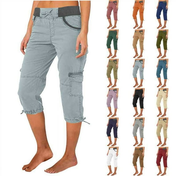 JURANMO Capri Pants for Women Casual Summer 2025 Trendy Cargo Pants Drawstring High Waisted Cropped Joggers Pants with Pockets White M Ofertas Relampago de Hoy