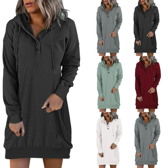 JURANMO Casual Sweatshirt Mini Dress for Women Button Hooded Long Sleeve Pullover Sweatshirts Drawstring Fashion Street Hoodie Dresses ZA-Gray M