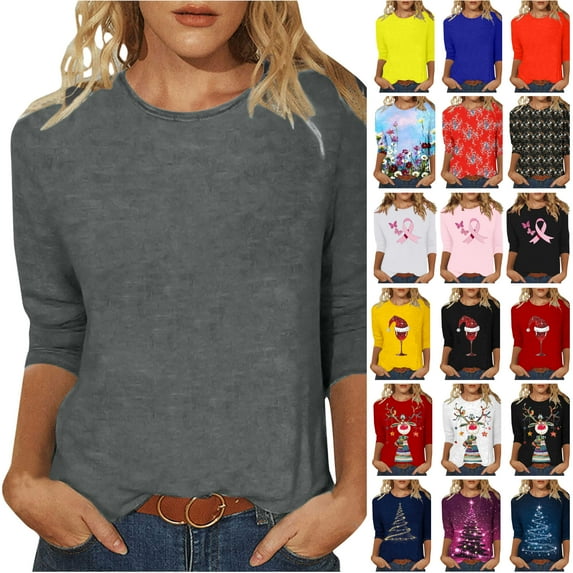 JURANMO Christmas Clearance 3/4 Length Sleeve Womens Tops Casual Loose Fit Crewneck T Shirts Cute Solid Pullover Tunic Basic Tee Tops Green XL