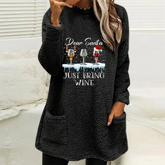JURANMO Christmas Women's Thickened Velvet Shirts,2023 Fall Winter Womens Casual Trendy Thickened Plush Thermal Underwear Loose Cute Pattern Printed Classic Round Neck Pullover Top with Pockets